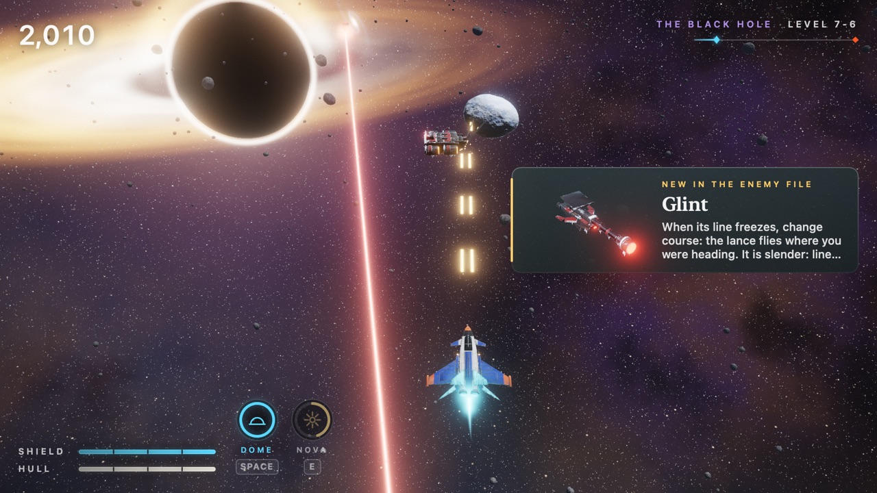 VurHelle seen from behind the courier, flying toward the black hole at the swarm’s heart, its disc burning across the sky